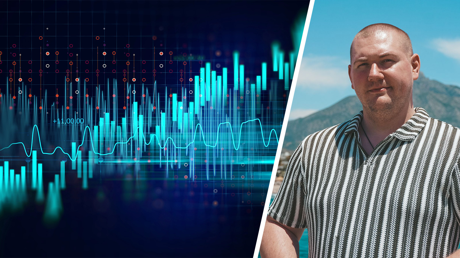 Splitbild: Trading-Grafik (links) und Robin Hess Porträt (rechts)