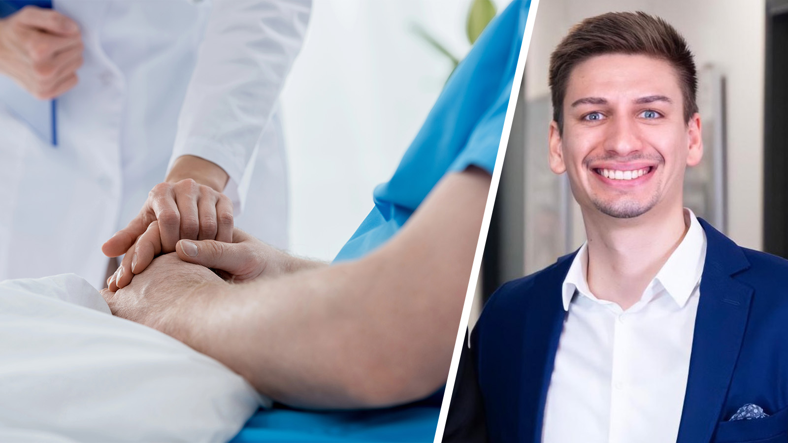 Splitbild: Arzt mit Hand auf Patient (Links), Robert Rempel Porträt (rechts)