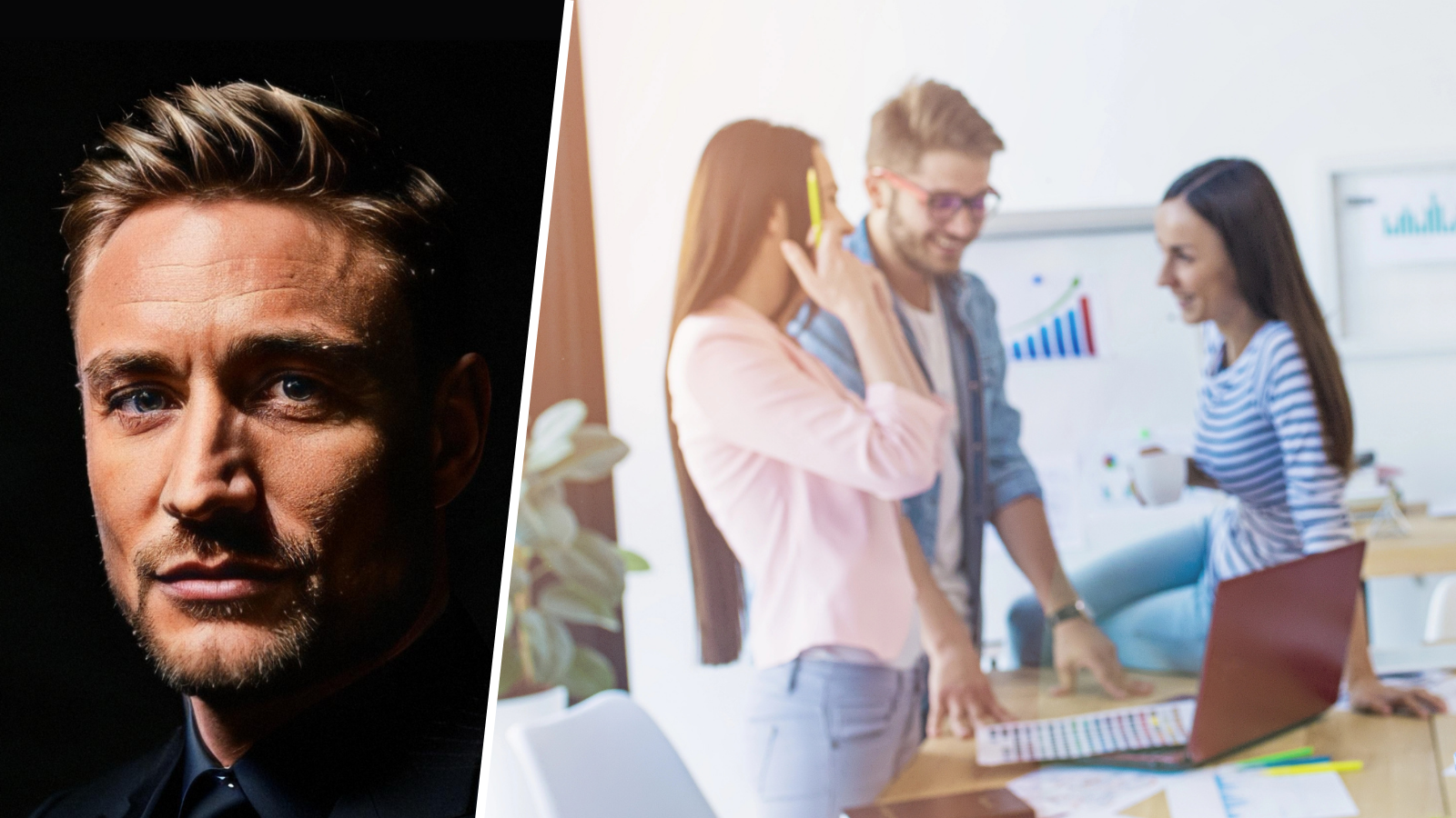 Splitbild Chris Laharnar (links) und Menschen im Büro (rechts)
