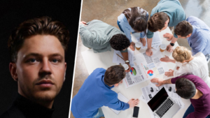 Splitbild Alessandro Laharnar (links) und Menschen im Büro (rechts)