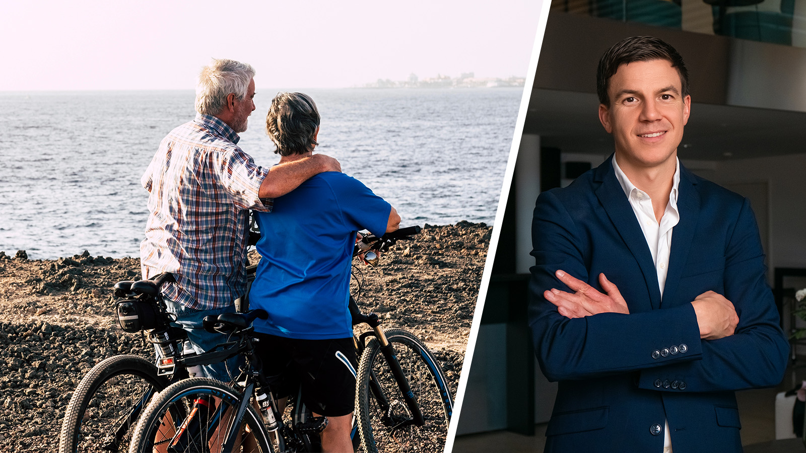 Links. Rentner mit Fahrrad am Strand, rechts: Kaspar Obermüller