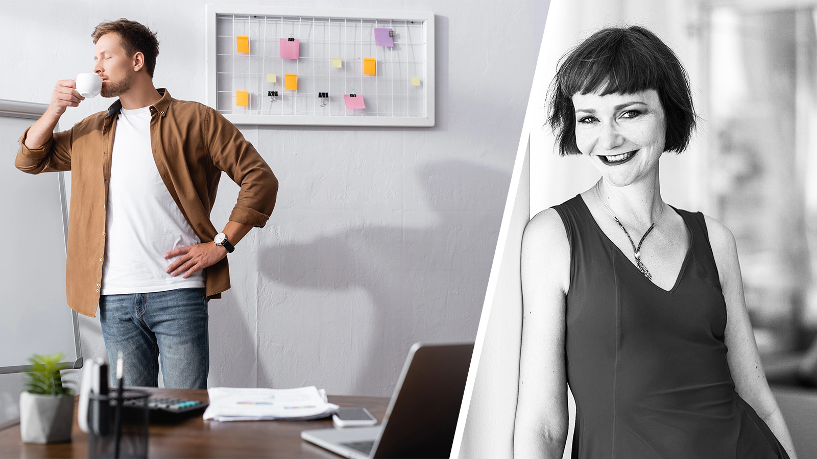 Splitbild: Kaffeetrinkender Mitarbeiter (links), MADAME CHANGE (rechts)