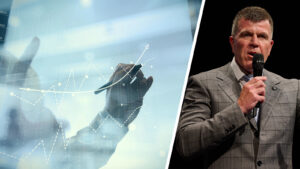 Splitbild: Hand, die Wachstumskurven auf Glas zeichnet, Martin Ryf (rechts)