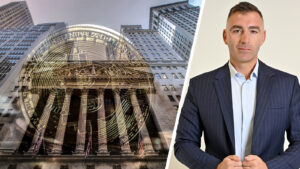 Links: NYSE mit Bitcoin und rechts: Harun Taktak
