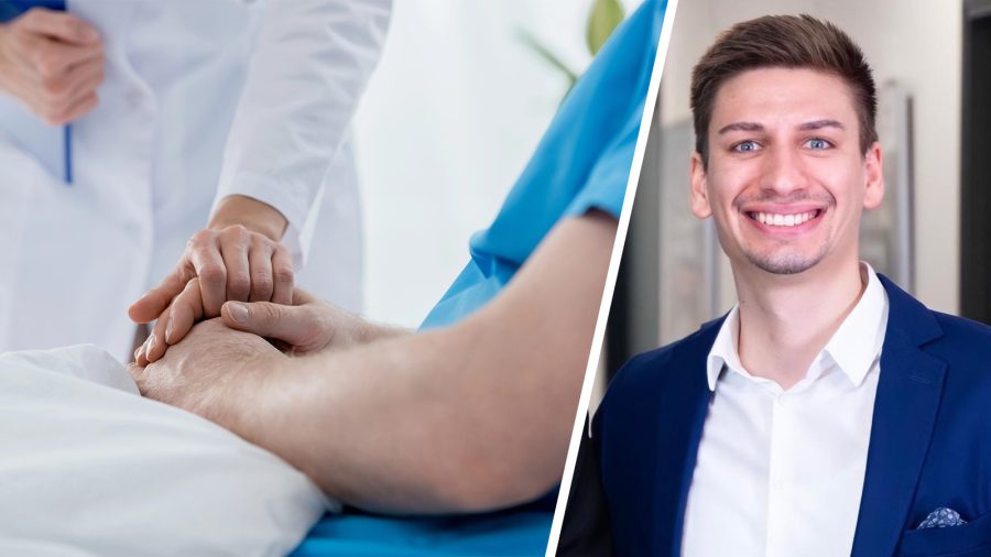 Splitbild: Arzt mit Hand auf Patient (Links), Robert Rempel Porträt (rechts)