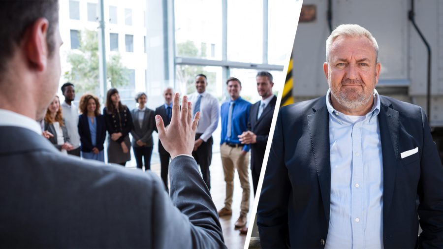 Splitbild: Verantwortung im Team (links), Sven Enger im Porträt (rechts)