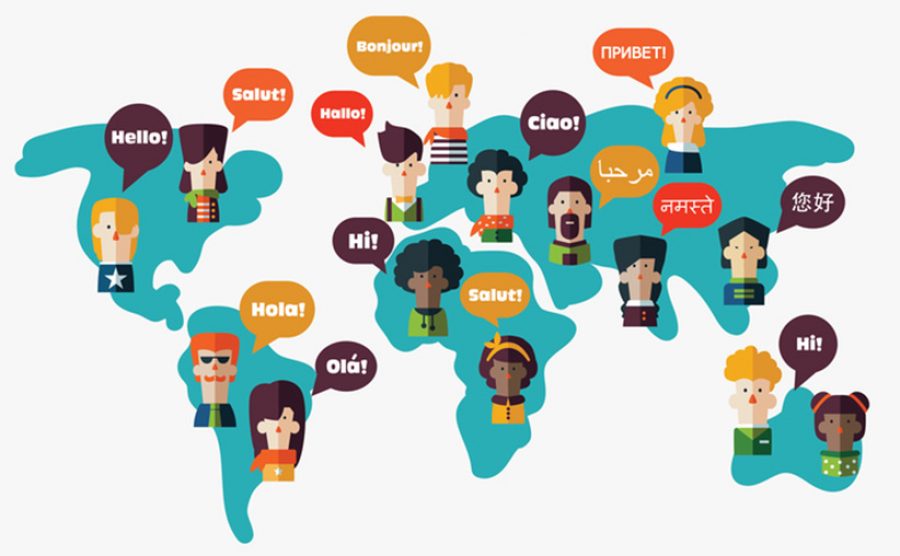 People avatars on World map. Speech bubbles in different languages
