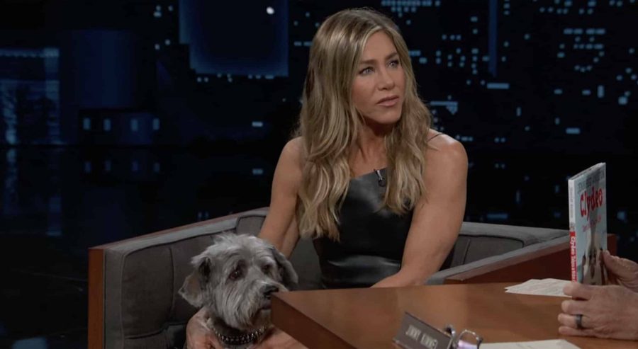 Jennifer Aniston on the talk show Jimmy Kimmel Live Pictures must credit ABC Friends star Jennifer Aniston brought her pet rescue dog on a TV talk show to talk about a book he inspired her to write The childrens book, called Clydeo Takes A Bite Out of Life is a story based on the pooch, named Clyde Wearing a black leather mini dress, Jennifer, 55, sat next to him on the couch as she chatted to host Jimmy Kimmel Earlier she also played a game of true or false as Kimmel, 56, ran through some newspaper and magazine stories about her And one that she confessed was accurate was that she once had a salmon sperm facial ABC via JLPPA Bestimage PUBLICATIONxINxGERxAUTxSUIxONLY Copyright: xJLPPAx/xBestimagexJLPPAx/xBestimagex